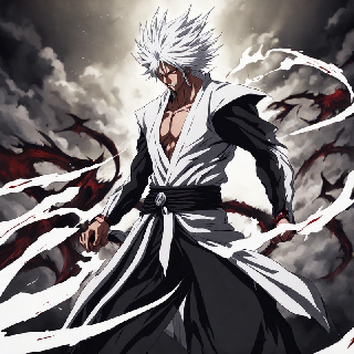 bleach anime bankai   dragon power  white hair man  demon wings demon sword blood effects 514664856